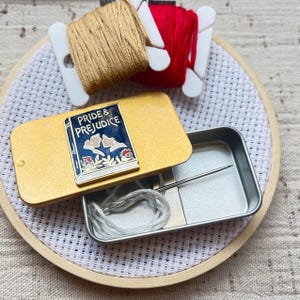 Jane Austen Pride and Prejudice mini magnetic needle tin holder for embroidery, cross stitch, needlepoint, sewing.