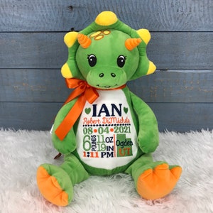 Personalized Stuffed Dinosaur, Personalized Baby Gift,Birth Announcement Stuffed Animal,Baptism gift, Adoption gift, Dinosaur