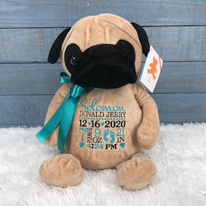 Personalized Stuffed Pug, Personalized Baby Gift,Birth Announcement Stuffed Animal,Baptism gift, Adoption gift, Pug, Stuffed Dog