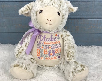 Personalized Stuffed Lamb, Personalized Baby Gift,Birth Announcement Stuffed Animal,Baptism gift, Adoption gift, Lamb