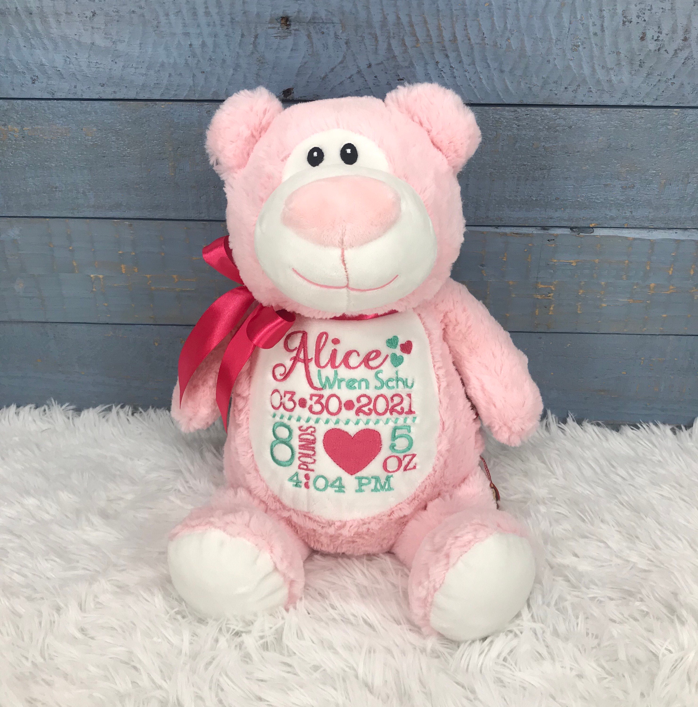 Personalized Stuffed Pink Bear Personalized Baby Gift Birth Etsy