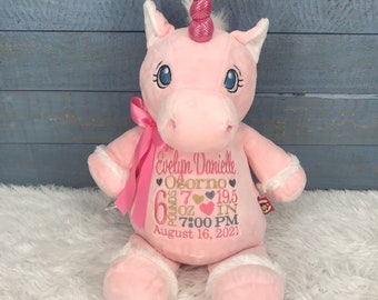 Personalized Stuffed Unicorn, Personalized Baby Gift,Birth Announcement Stuffed Animal,Baptism gift, Adoption gift,Pink Unicorn