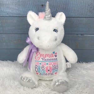 Personalized Stuffed Unicorn, Personalized Baby Gift, Birth Announcement Stuffed Animal, Baptism gift, Adoption gift, White Unicorn