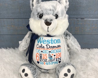 Personalized Stuffed Wolf, Personalized Baby Gift,Birth Announcement Stuffed Animal,Baptism gift, Adoption gift, Wolf