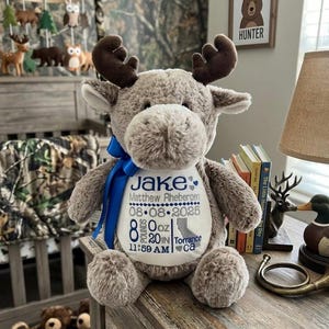 Personalized Stuffed Moose: Embroidered Birth Announcement Gift