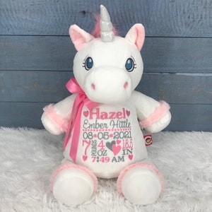 Personalized Stuffed Unicorn, Personalized Baby Gift, Birth Announcement Stuffed Animal, Baptism gift, Adoption gift, White Unicorn