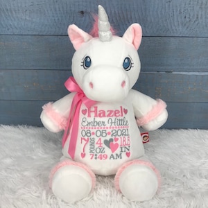 Personalized Stuffed Unicorn, Personalized Baby Gift, Birth Announcement Stuffed Animal, Baptism gift, Adoption gift, White Unicorn