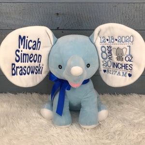 Personalized Stuffed Elephant: Embroidered Birth Announcement Gift