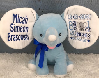 Personalized Stuffed Elephant, Blue Dumble, Baby Gift, Birth Announcement Stuffed Animal, Baptism gift, Adoption gift, Embroidered Elephant