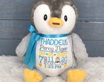 Personalized Stuffed Penguin, Personalized Baby Gift,Birth Announcement Stuffed Animal,Baptism gift, Adoption gift, Penguin