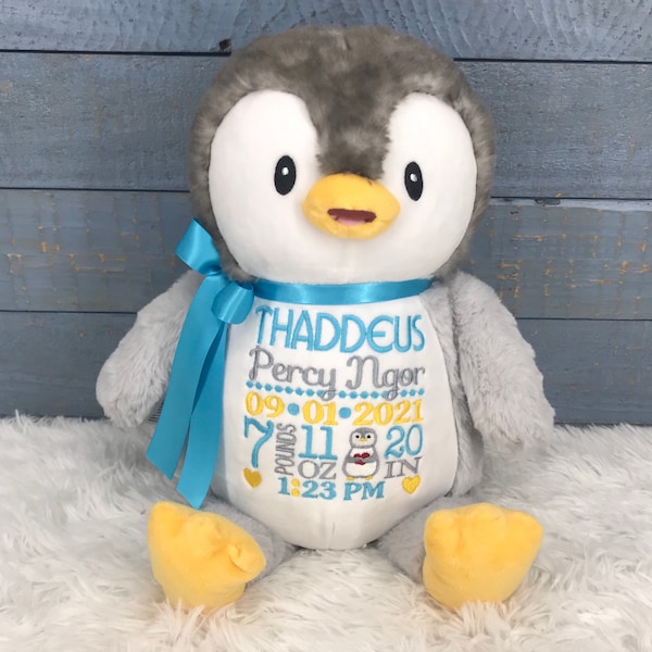 Personalized Stuffed Penguin, Personalized Baby Gift,Birth Announcement Stuffed Animal,Baptism gift, Adoption gift, Penguin