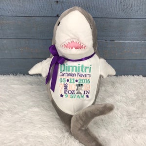 Personalized Stuffed Shark: Embroidered Birth Announcement Gift