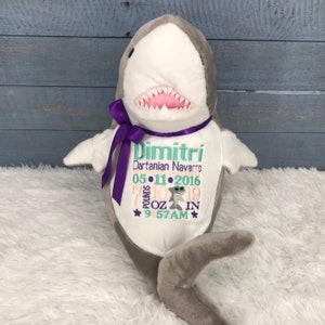 Personalized Stuffed Shark, Personalized Baby Gift,Birth Announcement Stuffed Animal,Baptism gift, Adoption gift, Stuffed Shark