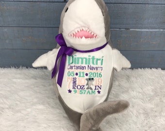 Personalized Stuffed Shark, Personalized Baby Gift,Birth Announcement Stuffed Animal,Baptism gift, Adoption gift, Stuffed Shark