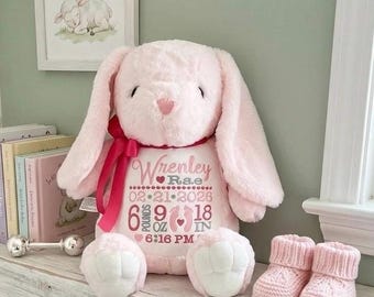 Personalized Stuffed Bunny, Personalized Baby Gift, Birth Announcement Stuffed Animal, Baptism gift, Adoption gift, Pink Bunny