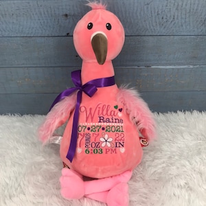 Personalized Stuffed Flamingo, Personalized Baby Gift, Flamingo Birth Announcement, Baptism Gift, Adoption gift, Flamingo Stuffed Animal