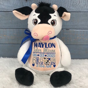 Personalized Stuffed Cow, Personalized Baby Gift,Birth Announcement Stuffed Animal,Baptism gift, Adoption gift, Cow