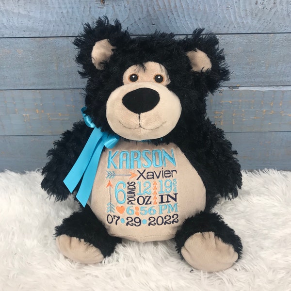 Personalized Stuffed Black Bear, Personalized Baby Gift, Birth Announcement Stuffed Animal, Baptism gift, Adoption gift, Black Bear