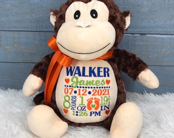 Personalized Stuffed Monkey, Personalized Baby Gift,Birth Announcement Stuffed Animal,Baptism gift, Adoption gift, Monkey