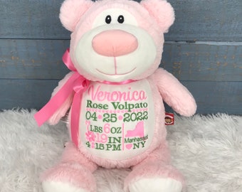 Personalized Stuffed Pink Bear, Personalized Baby Gift, Birth Announcement Stuffed Animal, Baptism gift, Adoption gift, Pink Bear