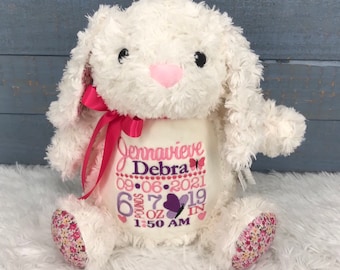 Personalized Stuffed Bunny, Personalized Baby Gift, Birth Announcement Stuffed Animal, Baptism gift, Adoption gift, Floral Bunny