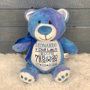 Personalized Stuffed Bear, Personalized Baby Gift, Birth Announcement Stuffed Animal, Baptism gift, Adoption gift, Tye Dyed Bear, Blue Bear