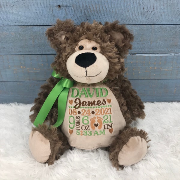 Personalized Stuffed Brown Bear, Personalized Baby Gift,Birth Announcement Stuffed Animal,Baptism gift, Adoption gift, Brown Bear