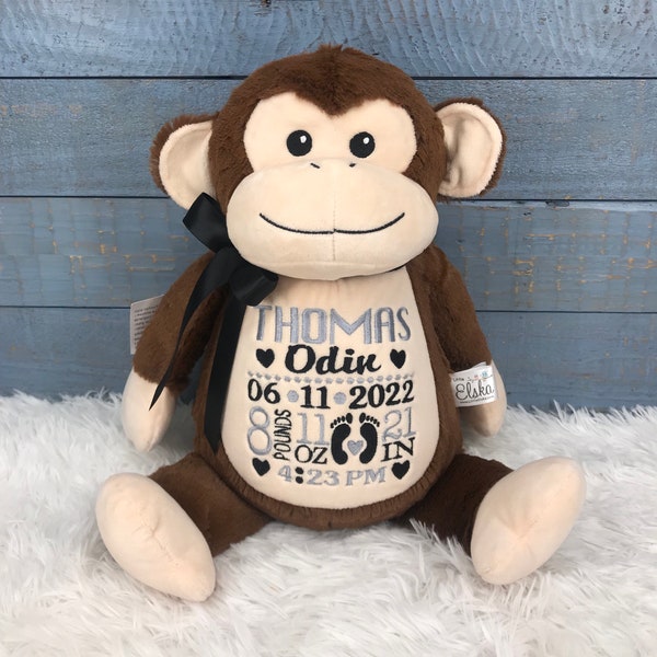 Personalized Stuffed Monkey, Personalized Baby Gift, Birth Announcement Stuffed Animal, Baptism gift, Adoption gift, Monkey
