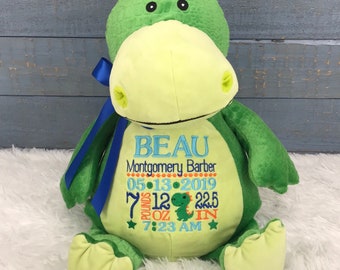 Personalized Stuffed Dinosaur, Personalized Baby Gift,Birth Announcement Stuffed Animal,Baptism gift, Adoption gift, Dinosaur