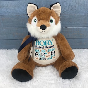 Personalized Stuffed Fox, Personalized Baby Gift,Birth Announcement Stuffed Animal,Baptism gift, Adoption gift, Fox
