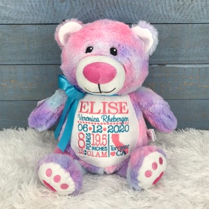 Personalized Stuffed Bear, Personalized Baby Gift, Birth Announcement Stuffed Animal, Baptism gift, Adoption gift, Tye Dyed Bear, Pink Bear