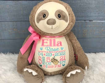 Personalized Stuffed Sloth, Personalized Baby Gift,Birth Announcement Stuffed Animal,Baptism gift, Adoption gift, Sloth