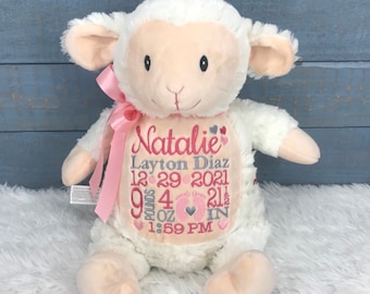 Personalized Stuffed Lamb, Personalized Baby Gift,Birth Announcement Stuffed Animal,Baptism gift, Adoption gift, Lamb