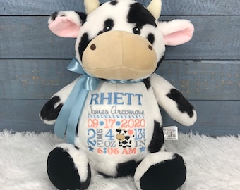 Personalized Stuffed Cow, Personalized Baby Gift,Birth Announcement Stuffed Animal,Baptism gift, Adoption gift, Cow