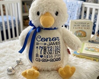 Personalized Stuffed Duck: Embroidered Birth Announcement Gift