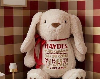 Personalized Stuffed Bunny, Personalized Baby Gift,Birth Announcement Stuffed Animal,Baptism gift, Adoption gift, Cream Bunny