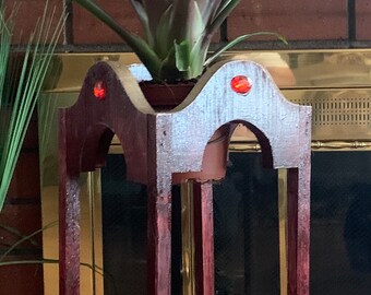 Red Stained Wood Plant Stand, Retro Style, Indoor Decor