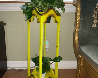 Yellow Wooden Plant Stand, Retro Indoor Decor, Handmade