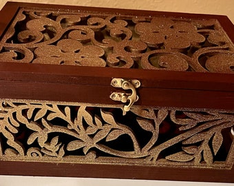 Floral Wooden Storage Box, Brown and Gold Accent, Bible Keepsake