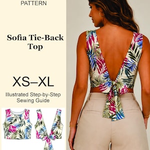 Pode incluir: Molde de costura digital em PDF para o top Sofia Tie-Back, tamanhos XS-XL, com guia de costura ilustrado passo a passo da DaySeli Patterns. O top sem mangas tem um decote em V profundo nas costas com fecho de laço em estampa tropical.