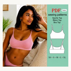 Pode incluir: Um conjunto de top desportivo e cueca de biquíni canelada rosa. A imagem inclui uma barra lateral verde clara com o texto PDF Pattern sewing patterns Sports Top Bikini Top Bra Top e tamanhos XS S M L XL com desenhos técnicos.