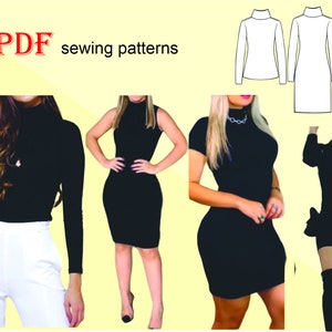 Turtleneck and mock neck sewing pattern PDF, T-shirt, dress, long and short sleeve