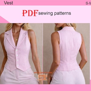 Chaleco ajustado con botones delanteros para mujer en PDF, patrón de chaleco con cuello, patrón de costura de chaleco, patrón de chaleco, patrones de costura