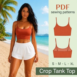 May include: A rust-colored crop tank top with thin shoulder straps and white athletic shorts. The image includes a digital sewing pattern illustration showing the front and back views of the tank top, labeled with sizes S, M, L, and XL.