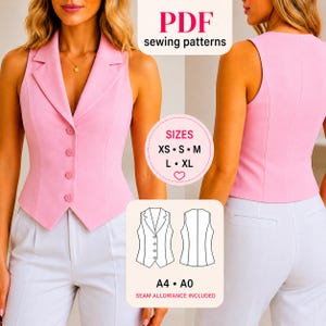 Puede incluir: Un chaleco rosa claro sin mangas con solapa de muesca, cierre frontal de cuatro botones y corte entallado. La imagen incluye texto que indica PDF sewing patterns, tallas XS, S, M, L, XL y A4, A0, con margen de costura incluido.