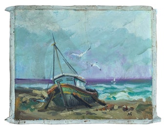 Lovely Vintage Vibrant Seascape Oil on Canvas Painting