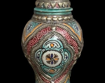 Vintage Moroccan Vase With Lid, Handmade Pottery, Metal Accents - Etsy