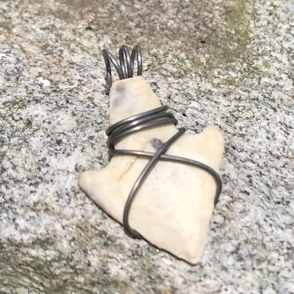 Pendant Antique White Arrowhead Wrapped in Annealed Steel Hand Made