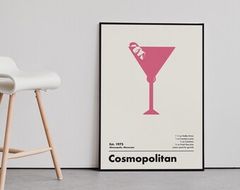 Cosmopolitan Cocktail Print, Minimalist Wall Art, Home Bar Decor, Cocktail Art Print