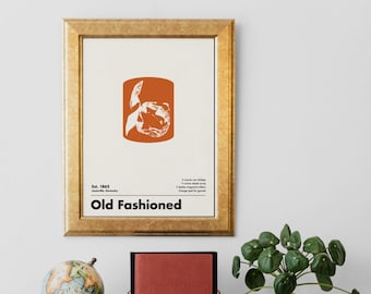 Old Fashioned Cocktail Print, Minimalist Wall Art, Home Bar Decor